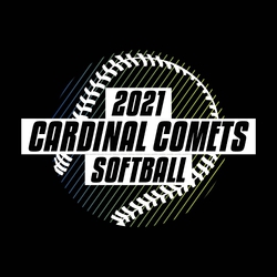 three color softball t-shirt design.  Large softball made up of shaded lines and laces in the background.  Year, school and mascot name, and word softball stacked and reversed in rectangles.