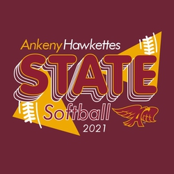 three color state softball t-shirt design.  Large word STATE in center of design with repeating drop shadows.  Triangles with softball seams to each side of design.  Team and mascot name at the top.