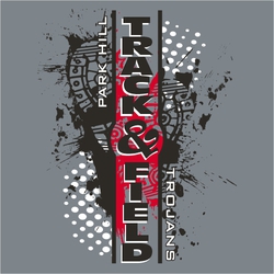 three color track t-shirt design.  Track & Field runs vertical down the center.  Splatter, halftones and distressed shoes in the background.