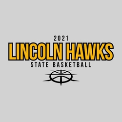 two color state basketball t-shirt art.  Large 2-color school and mascot text with year above it and state basketball below it.  Stylized basketball at the bottom.