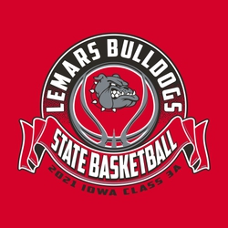 three color state basketball t-shirt design.  Mascot placed over basketball.  Circle text team and mascot name around ball.  State Basketball in banner at the bottom.