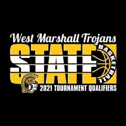 two color state basketball t-shirt design.  Large word STATE with lines through it leading to basketball on the left.  Script team and mascot name at the top.  Mascot on lower left.