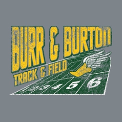 three color track and field t-shirt art.  Track on slight tilt with winged foot and lane numbers.  School name at the top.
