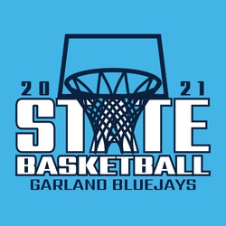 two color state basketball t-shirt design.  Basketball hoop and net over large word STATE.  Word basketball and school information stacked below art.