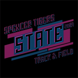 two color state track t-shirt design.  Lines in background reveal large word "STATE"  Team info and Track and Field above and below design.