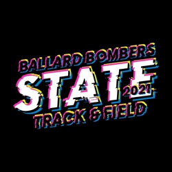 Four color state track t-shirt design.  Florescent colored art with large word "STATE".  School info at the top, track & field at the bottom.  Distressed fonts.