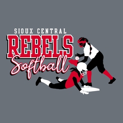 interactive three color t-shirt art.  Softball player sliding into base while another player is catching the ball to make a tag.  Athletic block school and mascot name to left.  Script word Softball.