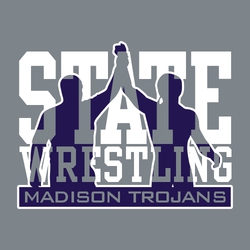 interactive two color state wrestling design.  Silhouette of wrestler with hand raised set in words STATE WRESTLING.  School name reversed in frame at the bottom.