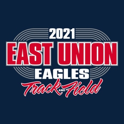 three color track t-shirt design with track ovals in background framing the text.  Text stacked on 3 line with year, school name and mascot name.  Script Track and Field at bottom.