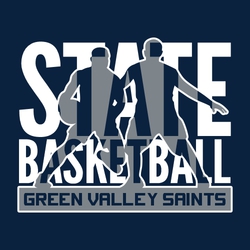 two color state basketball t-shirt design with basketball players reversed and placed behind large athletic block state basketball text.