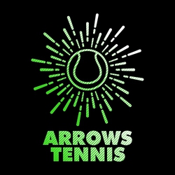 two color tennis t-shirt design.  Tennis ball with rays of light surrounding it.  Mascot name stacked over word tennis at the bottom.  Lines running diagonally through art and lettering.