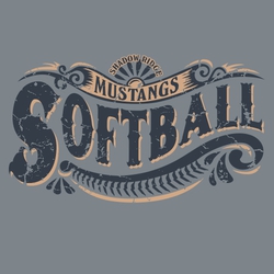 two color softball t-shirt design.   Distressed art.  Large ached word Softball with banners, scrolls and softball laces.