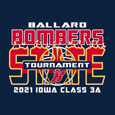 three color state basketball t-shirt design with flaming word STATE in the background.  Basketball seams over word STATE with tournament in frame.  Mascot in bottom part of ball.  Team info at the top