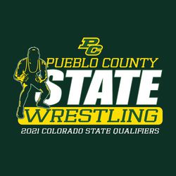 three color state wrestling tournament t-shirt design.  Large word state with wrestler on the left in a stance.  Team info and mascot or logo at the top. Tourney info at the bottom.