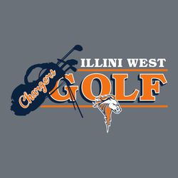 three color golf t-shirt design.  Golf bag with team name in script over bag.   School name stacked over word GOLF and mascot with line dividers.