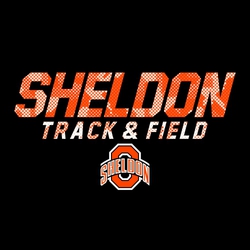 two color track and field t-shirt design.  School name stacked over Track & Field with texture inside lettering.  Logo or mascot centered at bottom of design.