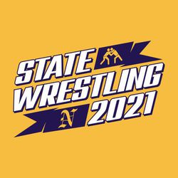two color state wrestling t-shirt design.  State Wrestling and year framed with ribbons.  Wrestlers and team logo or mascot reversed in ribbons.