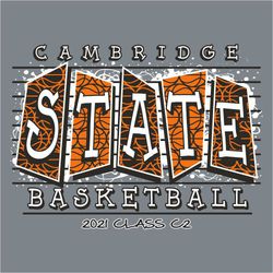 three color state basketball t-shirt design.  Word STATE in individual panels that have drop shadows and basketball patterns.  School name at top, basketball and class info at bottom. Horizontal lines
