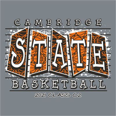 three color state basketball t-shirt design.  Word STATE in individual panels that have drop shadows and basketball patterns.  School name at top, basketball and class info at bottom. Horizontal lines