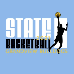 three color state basketball t-shirt design.  Basketball player making a layup.  Large word STATE over word BASKETBALL.  Team name at the bottom.