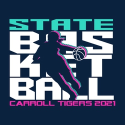 three color state basketball t-shirt design.  BAS KET BALL on three lines with player dribble driving  over letters.  State at the top and team info at the bottom.
