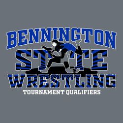 three color state wrestling t-shirt design.  STATE WRESTLING with sunburst effect stacked in the middle of the design.  Wrestlers make up the letter A in STATE.  Team name ached above art.