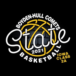 three color state basketball t-shirt design with neon light basketball and brick wall background.  Circle text team name, mascot name and word basketball. "State" in neon inside ball.