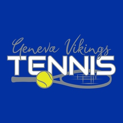 three color tennis t-shirt design.  Racket and tennis ball with large word TENNIS above them.  School and mascot name in script at the top.