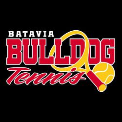 three color tennis t-shirt design.  Large mascot name in athletic block letters through racket.  Tennis in script at the bottom with tennis ball.  Smaller athletic block school name on upper left.