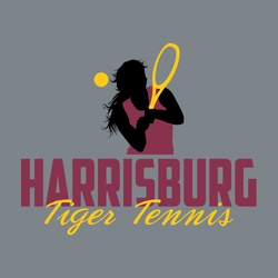 Three color tennis t-shirt design with female tennis player over school name in black letters.  Mascot name and word tennis in script at the bottom.