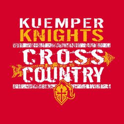 two color cross country t-shirt design.  Team name, mascot name and Cross Country stacked in heavily distressed font.  Arrow and horizontal distressed lines in background.  Mascot at the bottom.