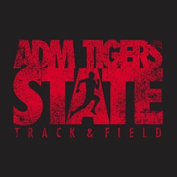 one color state track t-shirt design.  Male runner inside of A on large word "STATE".  School and mascot name on one line above and Track and Field below.