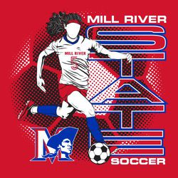 three color state soccer t-shirt design with female soccer player over large halftone soccer ball in background.  Mascot lower left.  School name, large word STATE and soccer down right side.