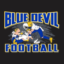 six color football t-shirt design with opponent being team tackled.  Mascot name arched above art, word football below art.  distressed pattern in background.