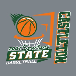 three color state basketball t-shirt design.  Stylized ball going into hoop.  Team name vertically on right hand side.  Large word STATE in banner at the bottom. Year and script mascot name above.