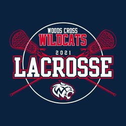 two color lacrosse t-shirt design with crossed sticks over circle.  Large word LACROSSE over sticks.  Mascot below that.   Team information above it.
