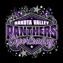 Three color cheerleading t-shirt design.  Swirls, stars and shapes in the background.  Inside frame, organization name, mascot name and word cheerleading stacked.  Large mascot name with shading.