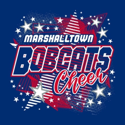 three color cheerleading t-shirt design.  Large star shape made of lines in background and through mascot name.  Cheer in script at the bottom.  Stars and shading in background.  School name in block.