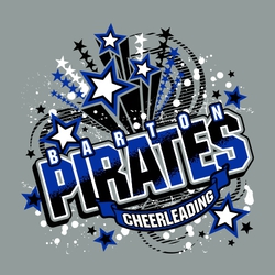 three color cheerleading t-shirt design with stars, swirls and shapes in the background.  Small school name, large mascot name and word cheerleading (inside banner) all tilted on upward angle.