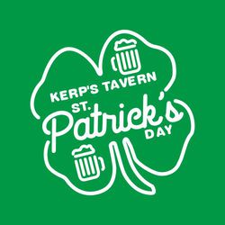 One color St. Patrick's Day t-shirt design with outline of 4-leaf clover.  Beer mugs in corners of 2 of the leaf.  St. Patrick's Day in larger letter centered on leaf.  Business name above it.