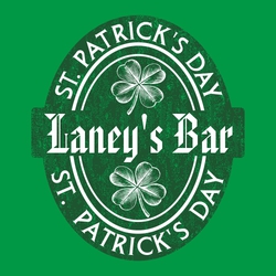 two color St. Patrick's Day t-shirt design with distressed oval frame.  Detailed 4-leaf clovers above and below business name.   St. Patrick's Day in circle text at top and bottom of design.