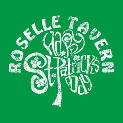 one color St. Patrick's Day t-shirt design.  Happy St. Patrick's Day lettering forms the shape of a 4-leaf clover.  Organization name in circle text over clover.