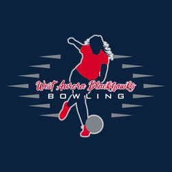 three color bowling t-shirt design with female bowler.  Script team name centered over bowler. Word BOWLING below it.  Triangle lane markers behind bowler.