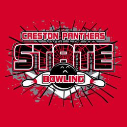 three color state bowling t-shirt design.  Large word STATE over cracked background.  Bowling ball and two bowling pins below word state.  Team name at the top.
