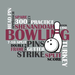 three color bowling t-shirt word art design with bowling terms, bowling pin and bowling ball.