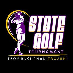 three color state golf t-shirt design with female golfer swinging  club.  Large words "State Golf" stacked to the right hand side. Team information at the bottom.
