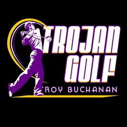 three color golf t-shirt design with male player swinging a driver and motion swirl.  Mascot name and word "golf" large, stacked to the right side.  School information below that.