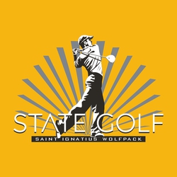 three color state golf t-shirt design with male player swinging a driver.  background shapes behind the player.  State Golf on one line at players feet.  Team information in rectangle at bottom.