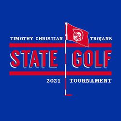 two color golf t-shirt design.  Flag with mascot on flag.  large words "State Golf" with rectangles above and below.  school information above top bar, year and word tournament below bottom bar.