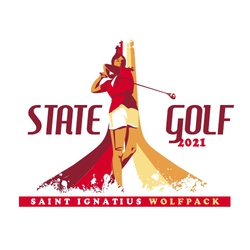 four color state golf t-shirt design with front facing female golfer swinging a driver.  Background shapes with "state" on the left hand side and "golf" on the right hand side.  Team info below.